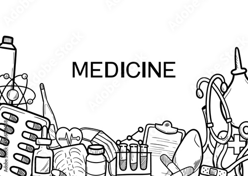 Healthcare and Medicine Vector illustration. Hand Drawn Doodle Drugs and Medical Products and Devices Background for your design