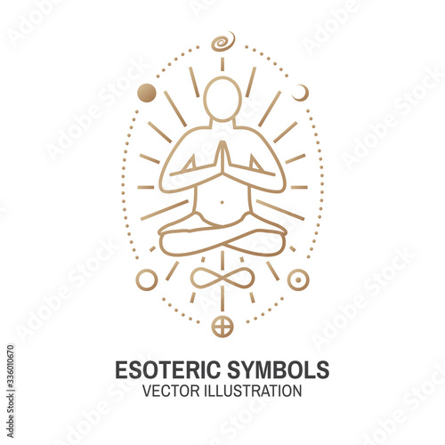 Esoteric symbols. Vector. Thin line geometric badge. Outline icon for alchemy, sacred geometry. Mystic and magic design with bat wing, stars, planets and moon.