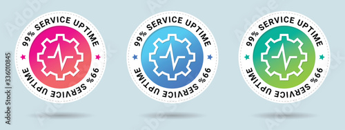 99% Service Uptime insignia stamp. Vector certificate icon. Set of 3 beautiful color gradients. Vector combination for certificate in flat style.