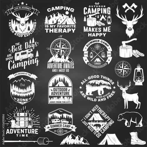 Set of outdoor adventure quotes symbol. Vector. Concept for shirt or logo, print, stamp, tee. Vintage design with hiking boots, camping tent, lantern, axe, mountains, bear, deer, forest silhouette