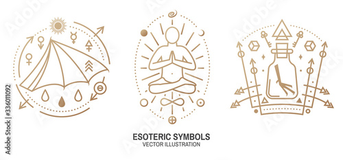 Esoteric symbols. Thin line geometric badge. Outline icon for alchemy  sacred geometry. Mystic  magic design with man silhouette sitting in yoga lotus pose  bat wing  chemistry flask