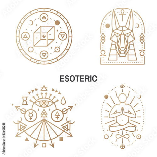 Esoteric symbols. Thin line geometric badge. Outline icon for alchemy, sacred geometry. Mystic, magic design with chemistry flask with crow foot, egyptian god Anubis, unreal geometrical cube
