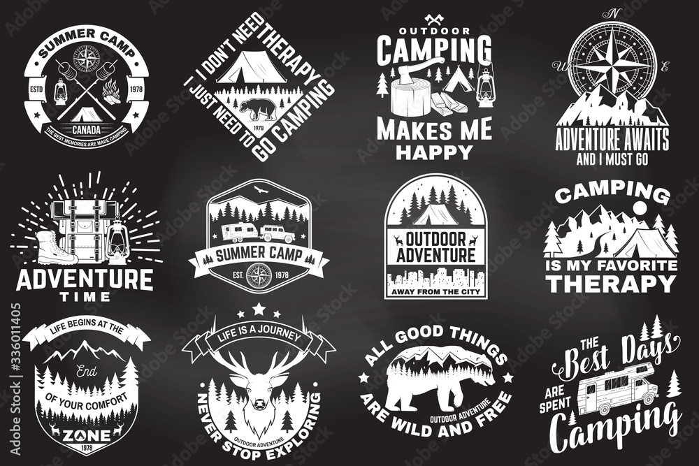 Fototapeta premium Set of outdoor adventure quotes symbol. Vector. Concept for shirt or logo, print, stamp, tee. Vintage design with hiking boots, camping tent, lantern, axe, mountains, bear, deer, forest silhouette