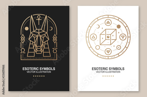 Esoteric symbols. Vector. Thin line geometric badge. Outline icon for alchemy, sacred geometry. Mystic, magic design with egyptian god Anubis, unreal geometrical cube