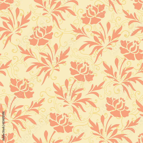 Vector pastel ornage and yellow rose flower with bail seamless pattern background