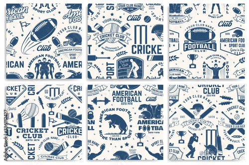 American football anb Cricket club seamless pattern, background. Vector. Seamless sport pattern with bull, sportsman player, helmet, ball and shoulder pads silhouette. Sport club texture