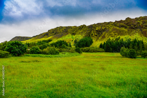 Beautiful Iceland highlands with moss-covered volcano formations