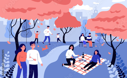 Happy people spending leisure time in pink cherry tree park. Families, friends and couples walking at adorable blooming sakura trees. Vector illustration for blossom season, Japanese festival concept