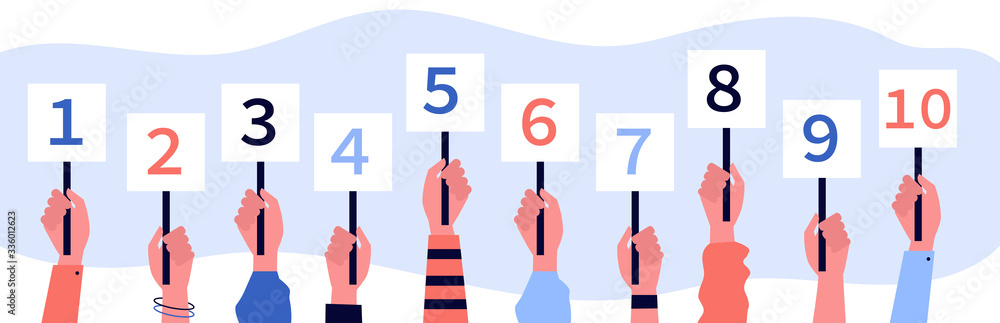 Jury showing cards with amount of scores. Collection of scorecards in human hands, competition judges giving evaluation. Vector illustration for contest, feedback, game, vote concept Jury showing cards with amount of scores. Collection of scorecards in human hands, competition judges giving evaluation. Vector illustration for contest, feedback, game, vote concept