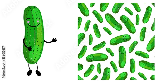 Cucumber vegetable character cute. Seamless vegetable pattern with green cucumbers. Children's vector illustration..