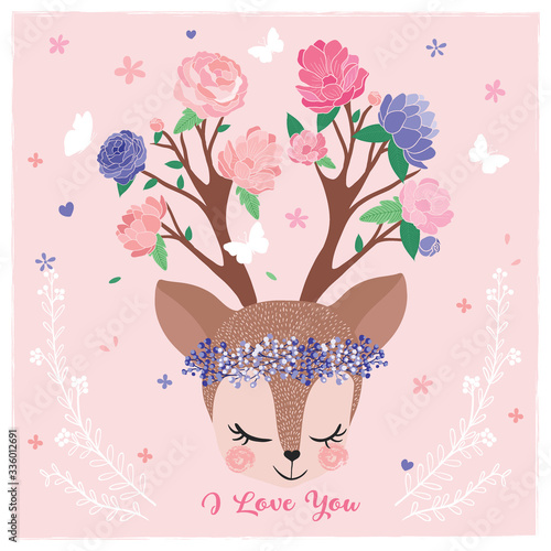 Cute deer portrait drawing, spring flowers and butterflies, invitation and greeting card, birthday card, t-shirt graphic