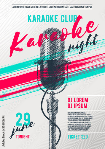Karaoke poster template with retro microphone. Vector illustration. Design for cover, flyer, invitation, placard.