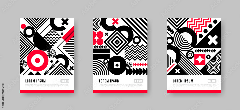 Poster set with geometric shapes and pattern. Trendy black and white design with red accents. Monochrome design with red elements. Cover design. Vector illustration. Poster set with geometric shapes and pattern. Trendy black and white design with red accents. Monochrome design with red elements. Cover design. Vector illustration.