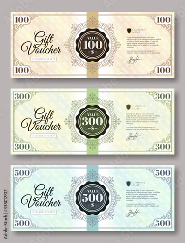 Set of gift voucher template various value - 100 dollars, 300 dollars and 500 dollars. Gift voucher template with guilloche design element. Vector illustration.