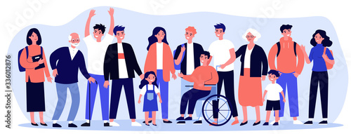 Diverse community members standing together. Crowd of happy men, women of different ages, children and disabled person. Vector illustration for civil society, diversity, togetherness, citizens concept
