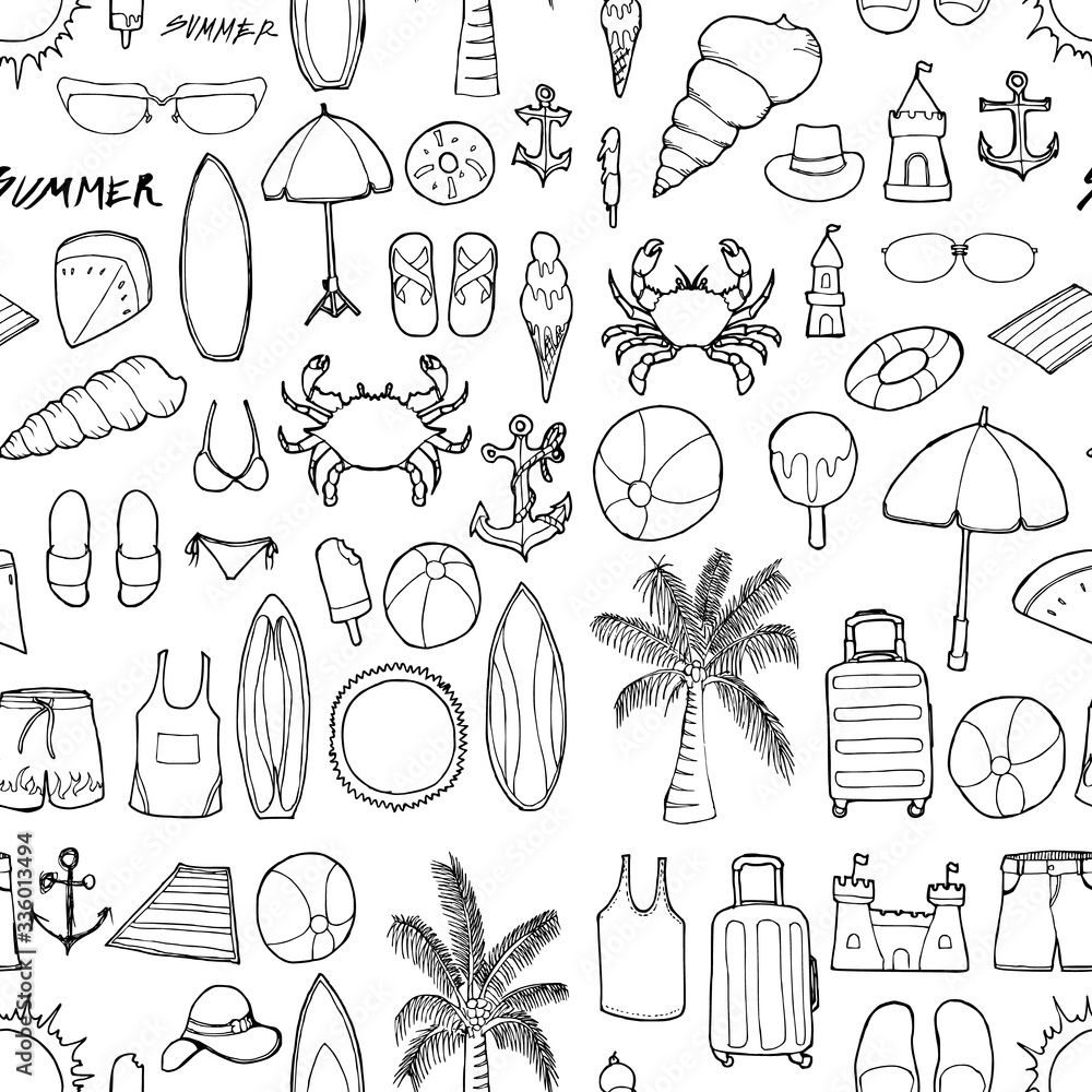 Summer doodle background seamless pattern. Drawing vector illustration hand drawn eps10