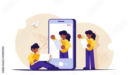 Video marketing concept. Process of creating a presentation video. Record the appeal on your mobile phone. Video bloggers. Modern flat vector illustration.
