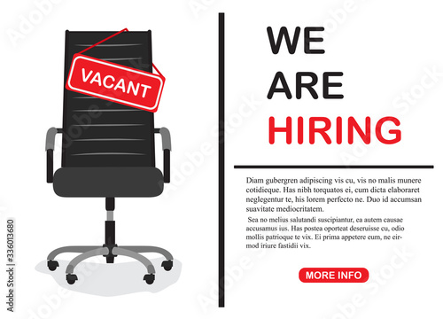 Black office chair with sign vacant staying on the stand. Hiring job, recruiting or vacancy concept. Vector illustration.