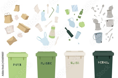 Waste management concept. Separation of waste on garbage cans. Sorting waste for recycling Plastic, Metal, Paper, Glass. Disposal. Colored waste bins with trash. Vector illustration in flat design