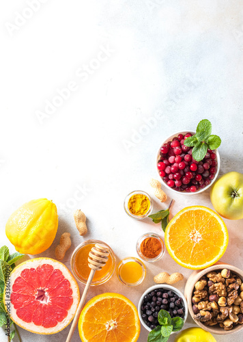 Fototapeta Naklejka Na Ścianę i Meble -  Healthy products for Immunity boosting. Revention and treatment of colds with vitamin C. Veggie or vegan food.