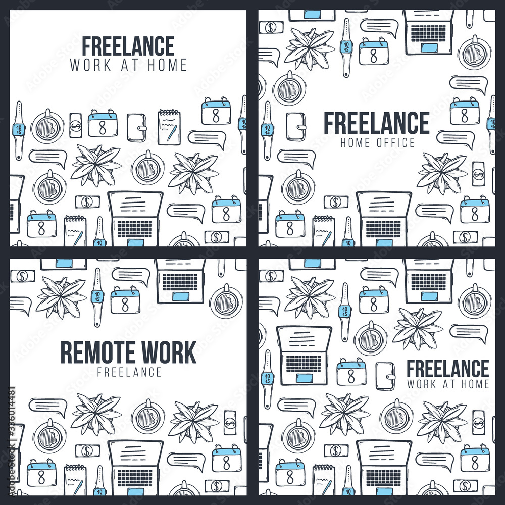 Sketch of Freelance. Work at Home. Remote work. Hand draw doodle background. Sketch of Freelance. Work at Home. Remote work. Hand draw doodle background.