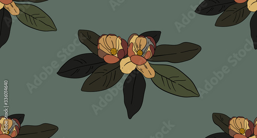 Vector floral pattern.Illustration of magnolia on green background.Vector illustration for greeting card,invitation,design,brochure,poster,banner,flyer,print,wrapping paper,textiles and websites.