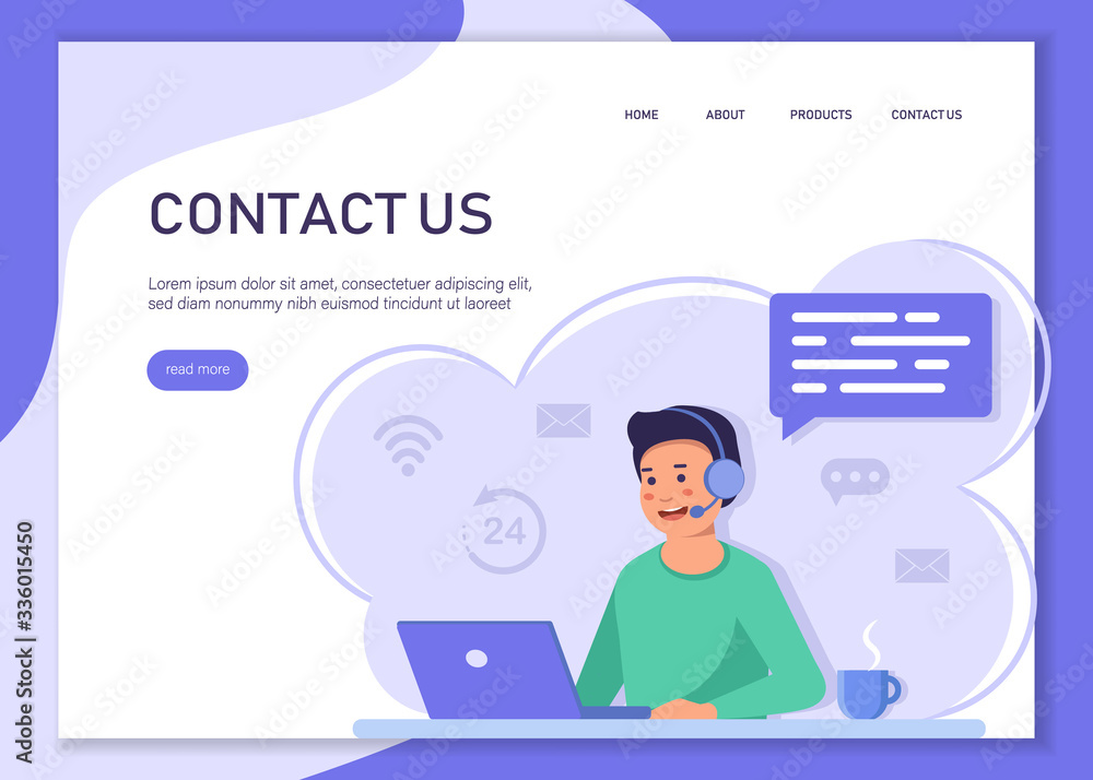 Customer support concept. Can use for web banner, infographics, hero images. Contact center employee is a handsome young guy vector illustration Customer support concept. Can use for web banner, infographics, hero images. Contact center employee is a handsome young guy vector illustration