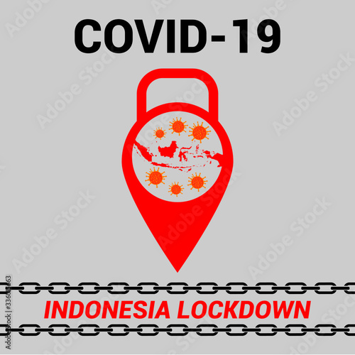 llustration Indonesia on Corona virus lockdown jail. Map of Indonesia as a background.