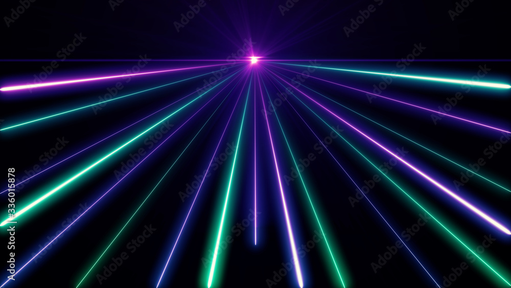 Retro cyberpunk style 80s. Abstract neon color light party bright lens flare on black background. Laser show colorful design for banners advertising technologies