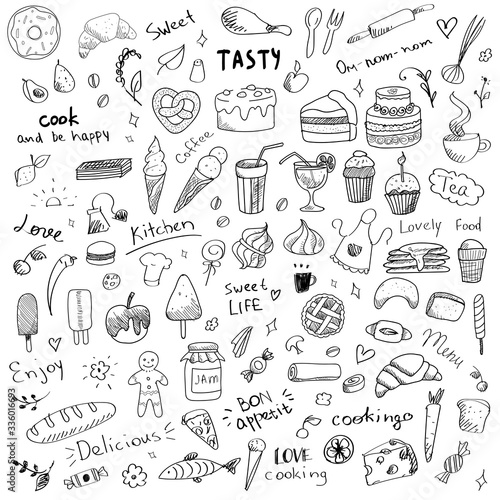 Vector set of doodles of sweet food. Sweet dessert and food art elements for the kitchen or menu. Ice cream, bakery, lollypop, cake, tea, chocolate, honey, donut, croissant, pancakes hand drawn