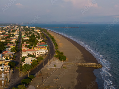 Beautiful aerial view of the city of Puntarenas and the Paseo de los turistas at the sunset in Costa Rica