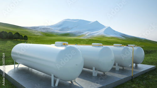 Set of Industrial large Gas Tanks, mountain landscape - 3d illustration