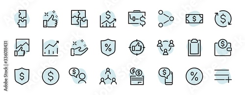 Set of business vector line icons. It contains user symbols, dollar pictograms, gears, briefcase, puzzles, envelope, percentage, messages, schedule, and more. Editable Bar 460x460 pixels.