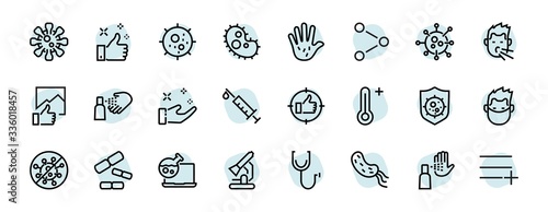 CORONAVIRUS a set of icons on the theme of Coronavirus, contains such icons as nucleation, hand washing, mask, bacteria, sneezing, Editable stroke, on a white background