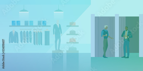 People shopping in Clothes Store Fashion Shop Mall Flat vector illustration. Customer and vendor assistant near dressing room