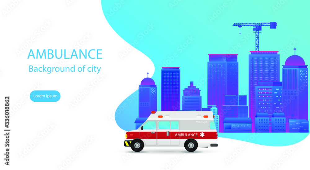 Ambulance driving on Background of city landscape. Medical concept flat design. Vector illustration.