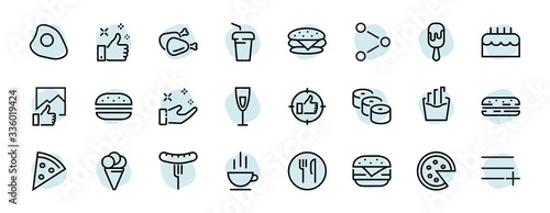   A simple set of fast food icons related to the vector line. Contains icons such as pizza, burger, sushi, bike, scrambled eggs and more. EDITABLE stroke. 480x480 pixels perfect, EPS 10
