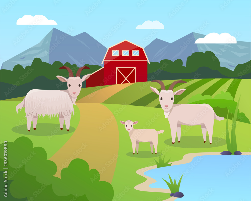Vector illustration of a farm with green field and blue lake, garner ...