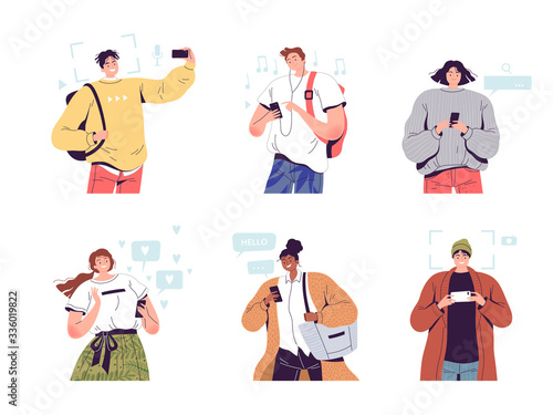 Set of joyful people with phones in their hands. Young men and women use mobile gadgets in different ways. Modern addiction to phones