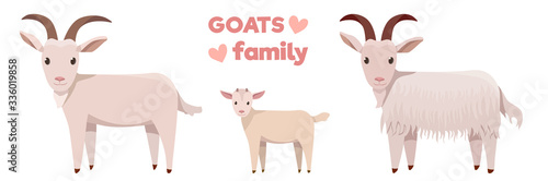 Vector illustrations of goats family isolated on a white background in cartoon style.