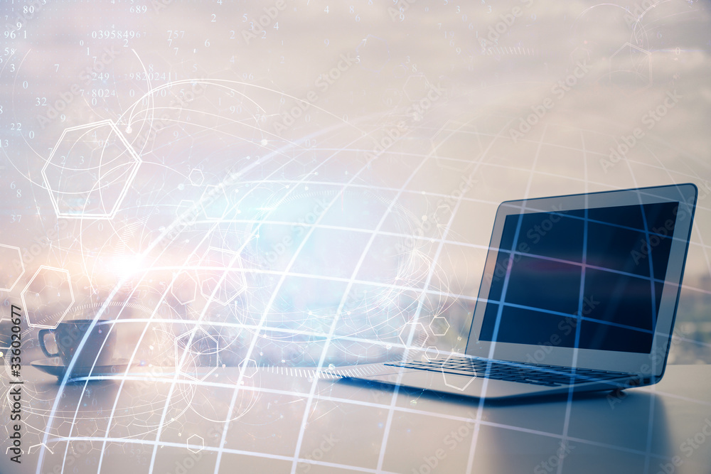 Naklejka premium Multi exposure of table with computer and world map hologram. International data network concept.