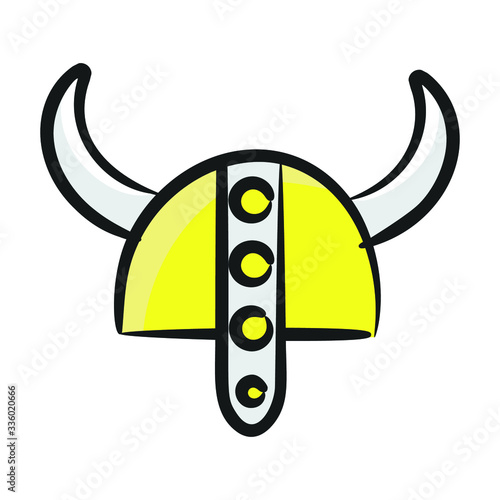 Hand drawn icon of viking helmet, horn steel headgear 