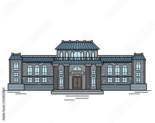 Contour color illustration of the facade of the museum building. Historic building with columns. Vector colorful outline object for illustrations, brochures and your design.