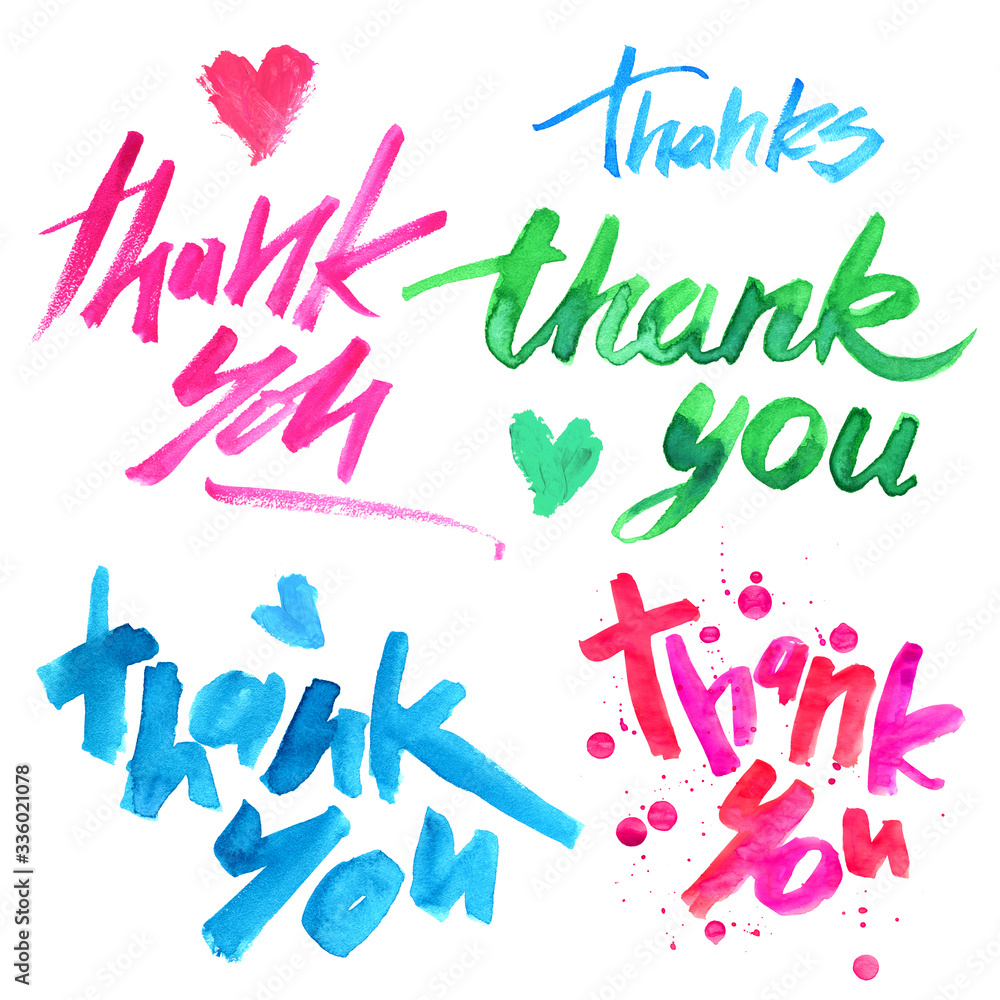 Thank you calligraphy blots brush watercolor lettering hand writing isolated multicolored bright spot word heart