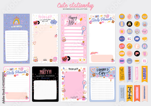 Collection of weekly or daily planner, note paper, to do list, stickers templates decorated by cute love illustrations and inspirational quote. School scheduler and organizer. Flat vector