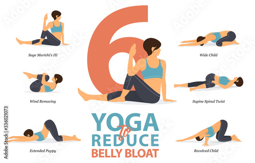 Infographic of 6 Yoga poses for reduce belly bloat in flat design. Beauty woman is doing exercise for body weight loss. Set of yoga sequence Infographic. Yoga Cartoon Vector art and Illustration.