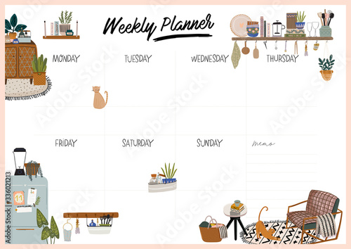 Collection of weekly or daily planner, note paper, to do list, stickers templates decorated with interior kitchen illustrations and inspirational quote. School scheduler and organizer. Flat vector