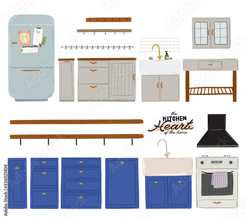 Stylish Scandinavian kitchen interior - stove, table, kitchen utensils, fridge, home decorations. Cozy modern comfy apartment furnished in Hygge style. Vector illustration