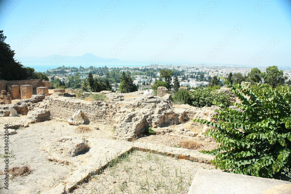 Panoramic view of ancient ruins of Carthage. Sea side, tourist route in  Tunis, Tunisia, North Africa.