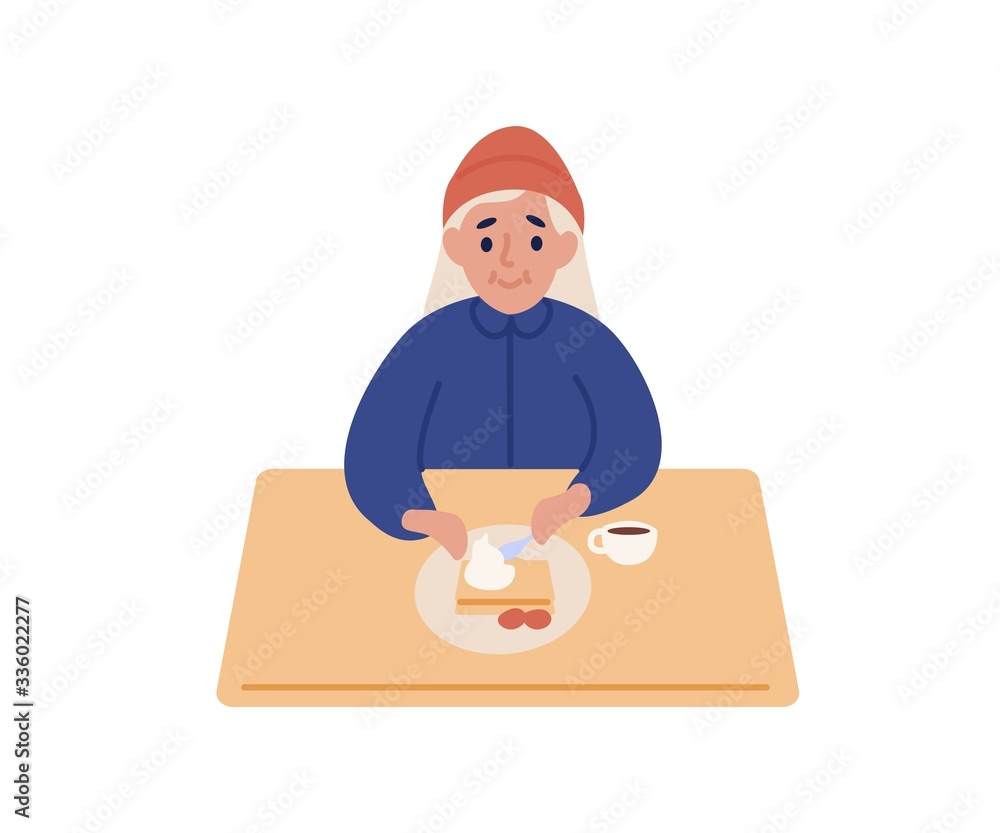 Positive cartoon girl eat dessert and drink coffee sitting at table isolated on white Positive cartoon girl eat dessert and drink coffee sitting at table isolated on white